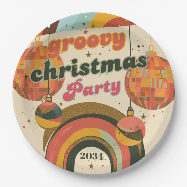 Groovy Retro Christmas 70s Inspired Paper Plates (Front)