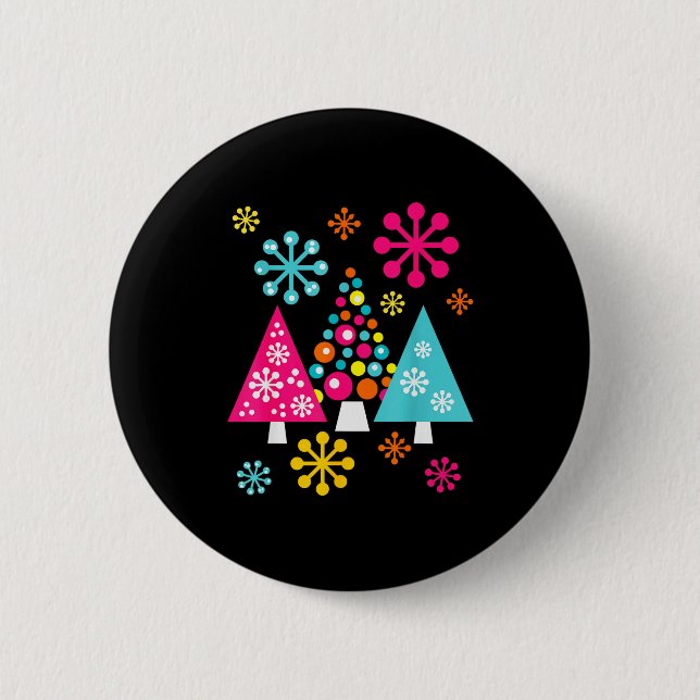 Groovy Retro Christmas Trees And Snowflakes  Button (Front)