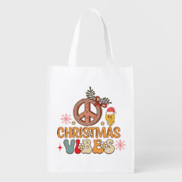 Groovy Retro Christmas Vibes Peace Sign Grocery Bag