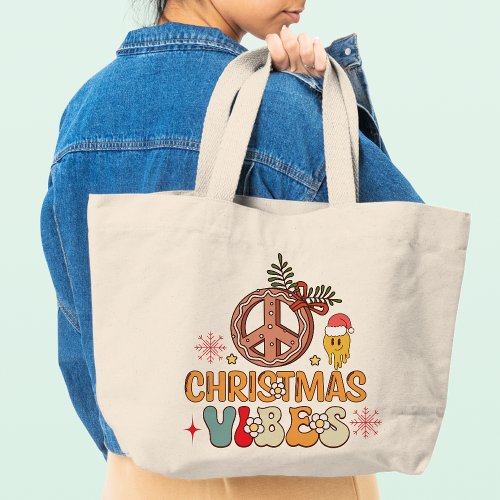 Groovy Retro Christmas Vibes Peace Sign Large Tote Bag