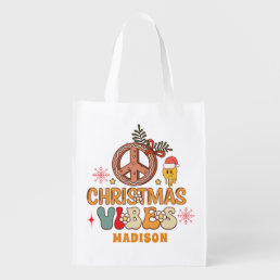 Groovy Retro Christmas Vibes Peace Sign Name Grocery Bag