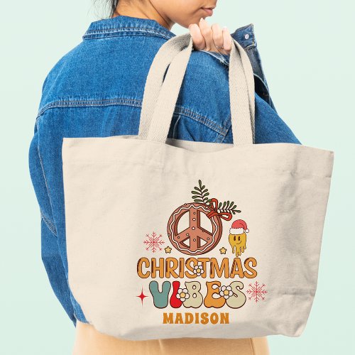 Groovy Retro Christmas Vibes Peace Sign Name Large Tote Bag