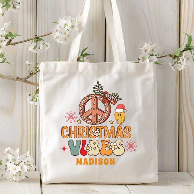 Groovy Retro Christmas Vibes Peace Sign Name Tote Bag (Creator Uploaded)