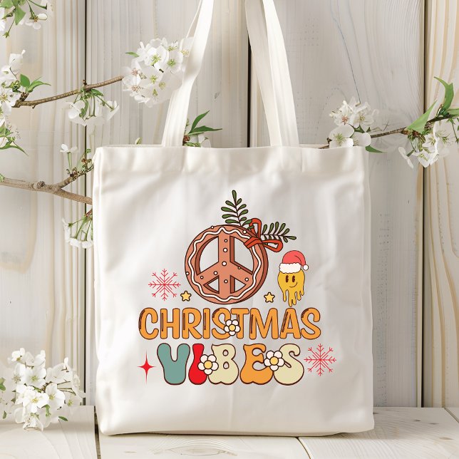 Groovy Retro Christmas Vibes Peace Sign Tote Bag (Creator Uploaded)