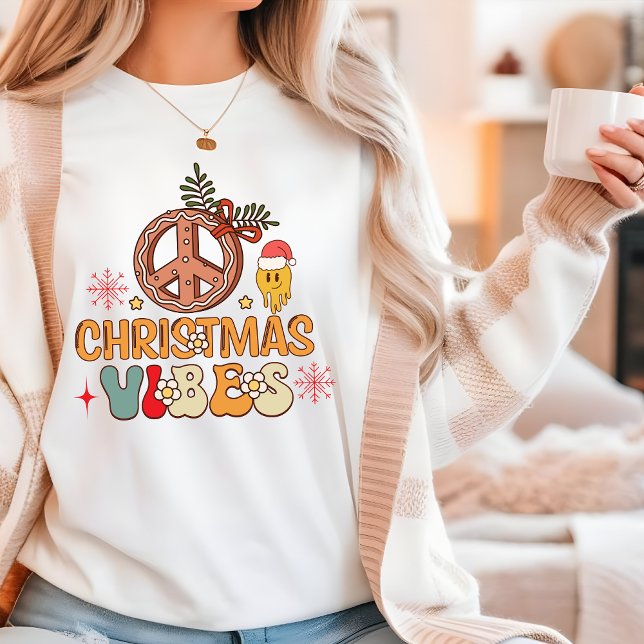 Groovy Retro Christmas Vibes Peace Sign Tri-Blend Shirt (Creator Uploaded)