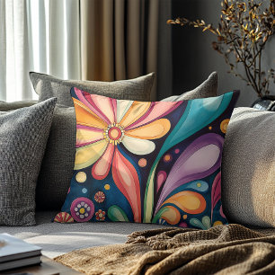 Groovy Retro Color Bloom Kaleidoscope Throw Pillow