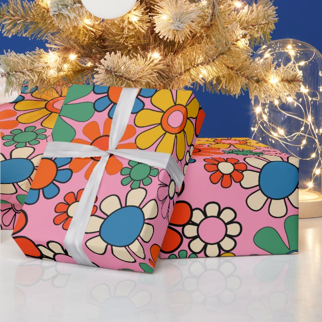 Groovy Retro Colorful 60s 70s Floral Pattern Wrapping Paper (Holidays)