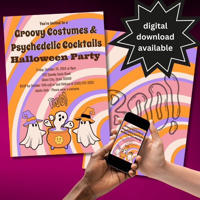 Groovy Retro Costumes & Cocktails Halloween Party Invitation (Creator Uploaded)