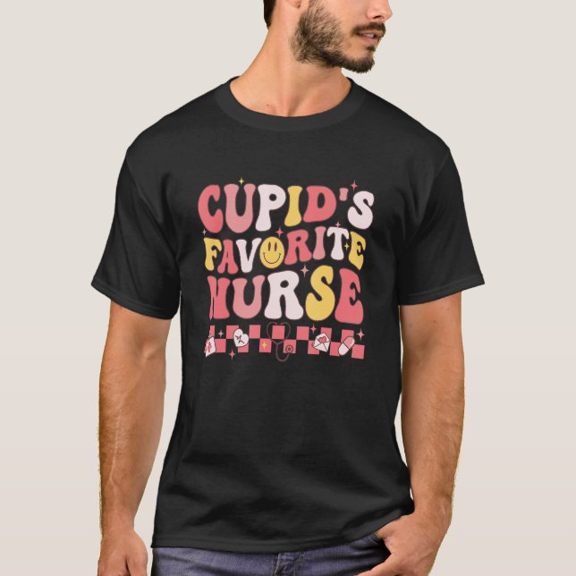 Groovy Retro Cupid's Favorite Nurse Nursing Valent T-Shirt (Front)