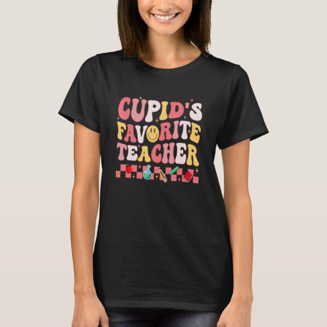 Groovy Retro Cupid's Favorite Teacher Valentine's  T-Shirt (Front)