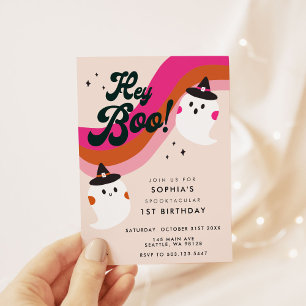 Groovy Retro Cute Ghost Hey Boo 1st Birthday  Invitation