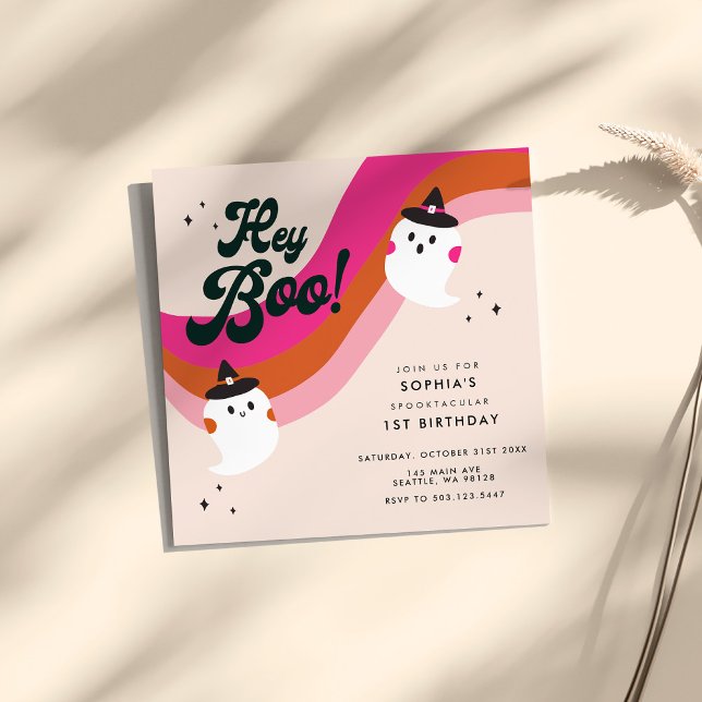 Groovy Retro Cute Ghost Hey Boo 1st Birthday Invitation (A groovy retro cute ghost square invitation for a child's 1st birthday party)