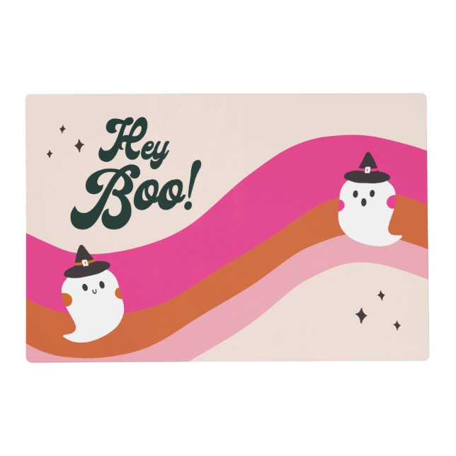 Groovy Retro Cute Ghost Hey Boo Halloween Placemat (Front)