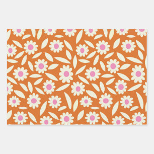 Groovy Retro Daisies Flowers Pattern on orange Wrapping Paper Sheets