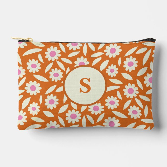 Groovy Retro Daisies Pattern on orange  monogram Accessory Pouch (Front)