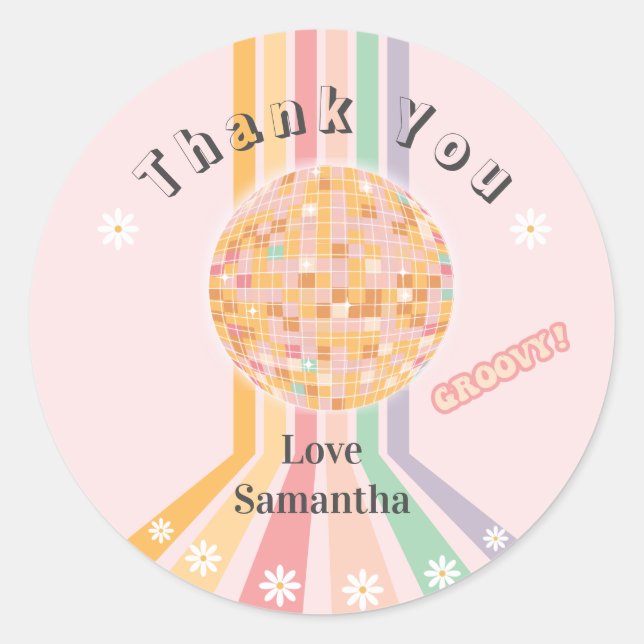 Groovy Retro Daisy Disco Birthday Classic Round Sticker (Front)