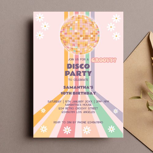 Groovy Retro Daisy Disco Birthday Invitation
