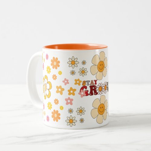 Groovy Retro Daisy Flowers Pattern Boho Floral Two_Tone Coffee Mug