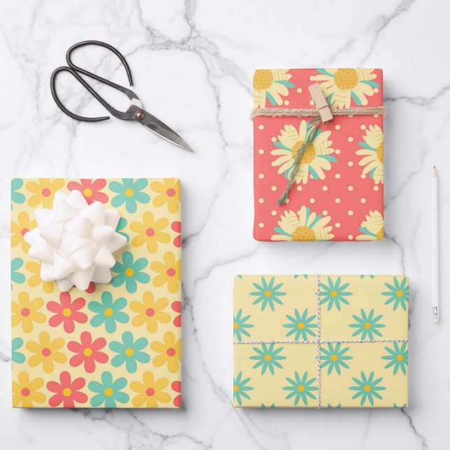 Groovy Retro Daisy in Yellow blue  Wrapping Paper Sheets (Front)