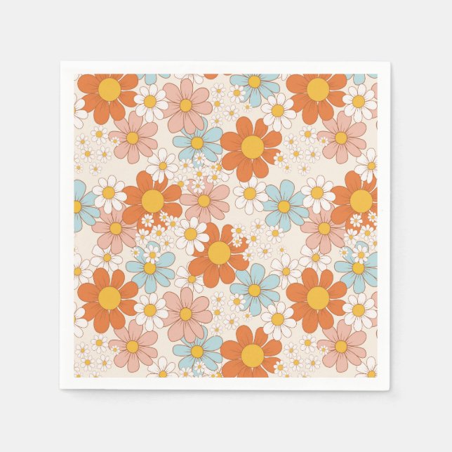 Groovy Retro Daisy Orange Blue Cream Napkins (Front)