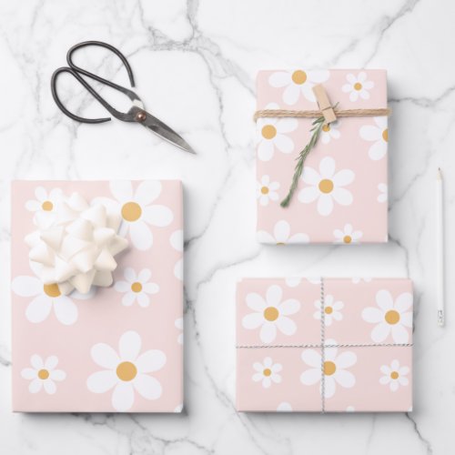 Groovy Retro Daisy Pink Wrapping Paper Sheets