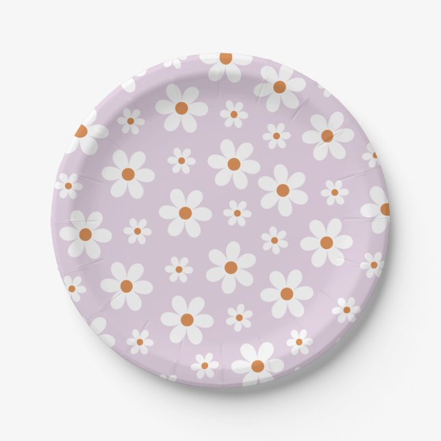 Groovy Retro Daisy Purple Paper Plates (Front)