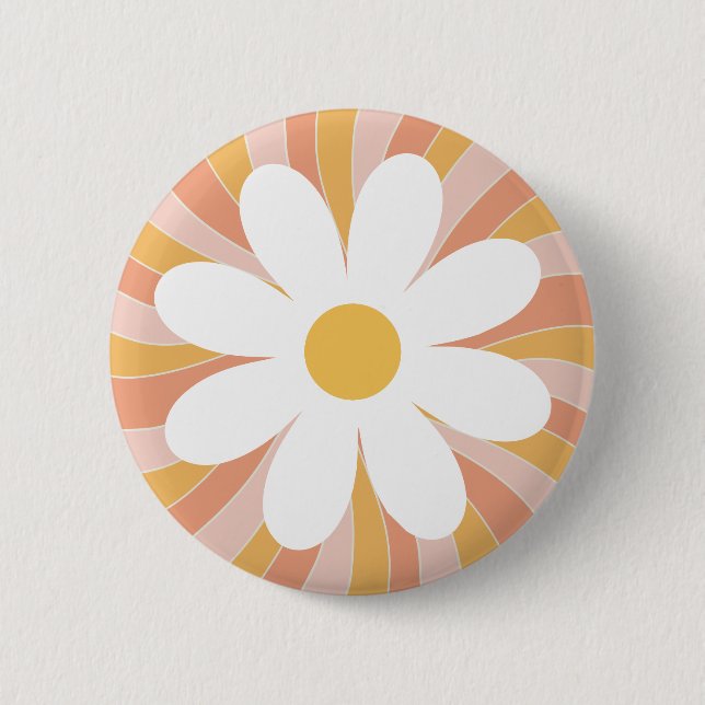 Groovy Retro Daisy Sunshine Pink Orange Boho Button (Front)