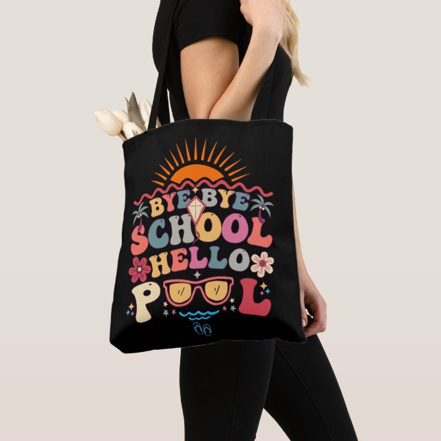 Groovy Retro Design Bye Bye School Hello Pool Cool Tote Bag (Close Up)