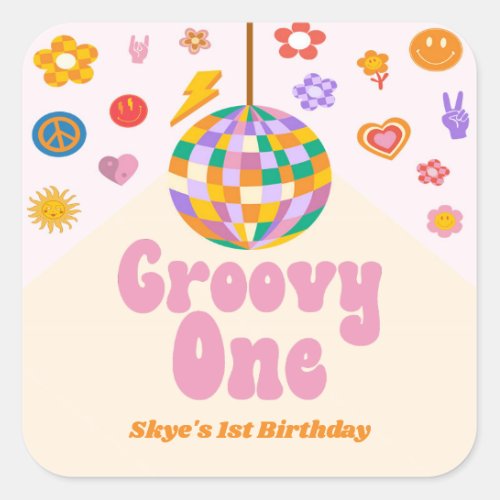 Groovy Retro Disco Ball 1st Birthday Party Favor Square Sticker