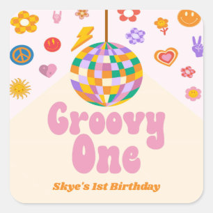 Groovy Retro Disco Ball 1st Birthday Party Favor Square Sticker