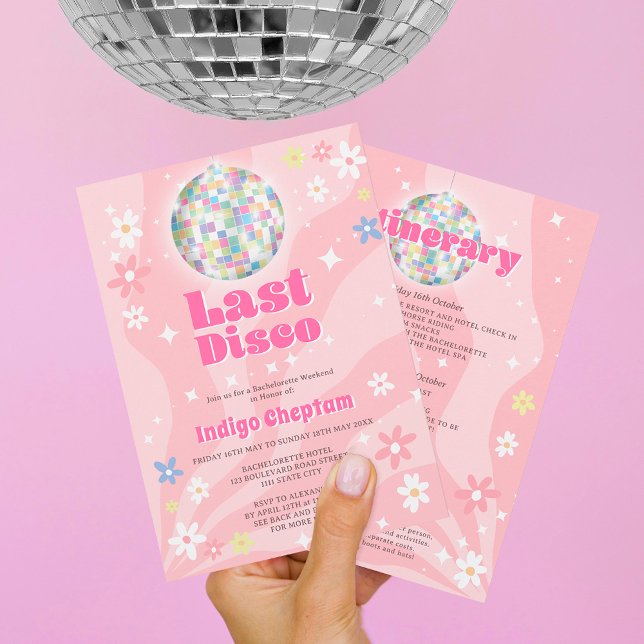 Groovy retro disco floral bachelorette weekend invitation (Creator Uploaded)