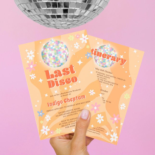 Groovy retro disco floral bachelorette weekend invitation (Creator Uploaded)