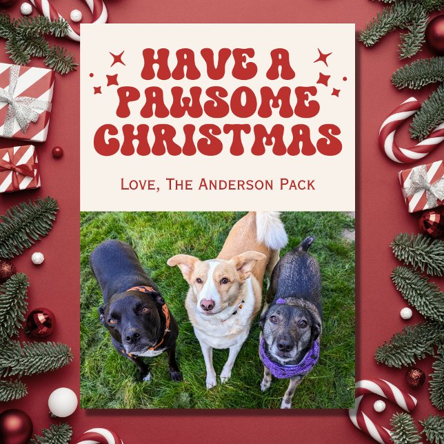 Groovy Retro Dog Photo Pawsome Christmas Holiday Card (Creator Uploaded)