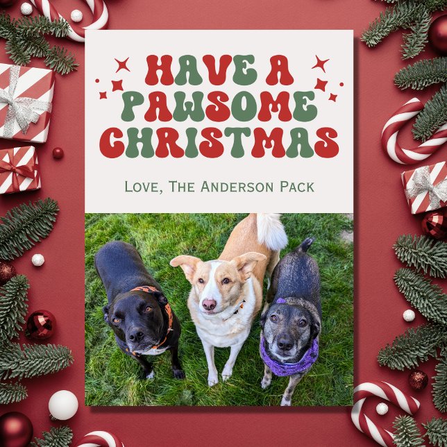 Groovy Retro Dog Photo Pawsome Christmas Holiday Card (Creator Uploaded)