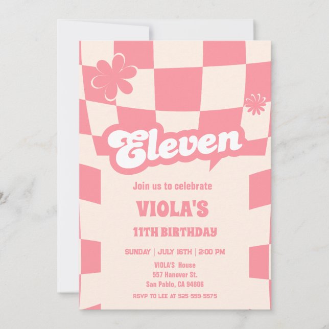 Groovy Retro Eleven Pink 11th birthday  Invitation (Front)