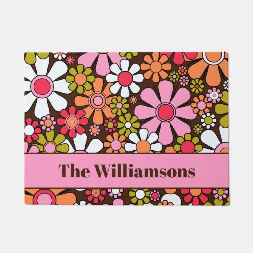 Groovy Retro Floral 60s 70s Flowers Personalized Doormat