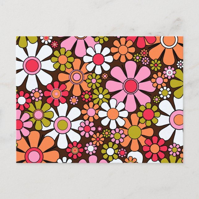 Groovy Retro Floral 60s 70s Flowers Pink and Brown Postcard (Front)