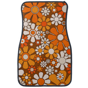 Groovy Retro Floral 60s 70s Pattern Brown & Orange Car Floor Mat