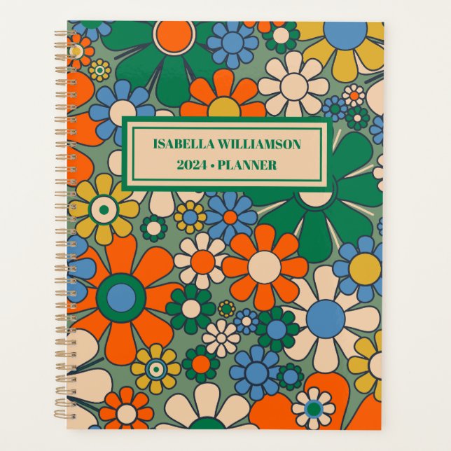 Groovy Retro Floral 60s 70s Pattern Personalized Planner (Front)