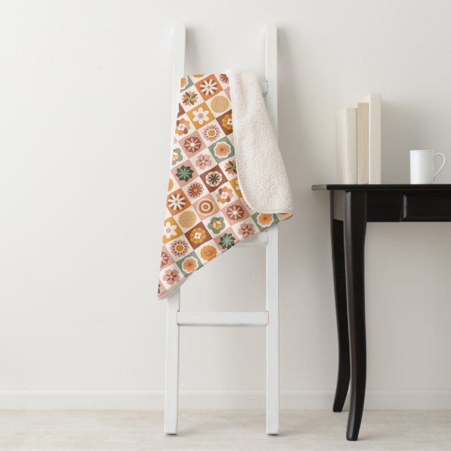 Groovy Retro Floral Check Sherpa Blanket (In Situ)