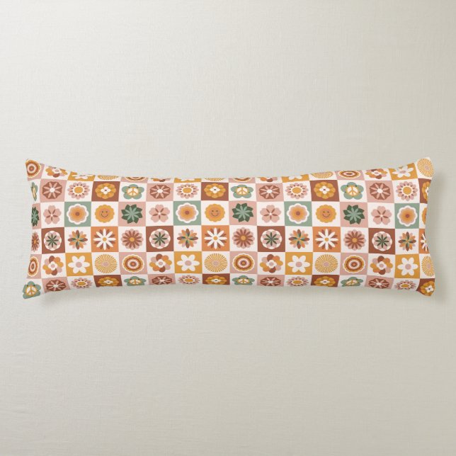 Groovy Retro Floral Checked Body Pillow (Front)