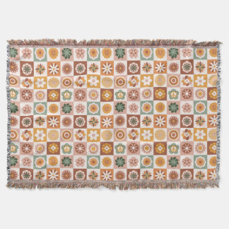 Groovy Retro Floral Checked Throw Blanket
