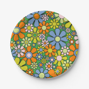 Groovy Retro Floral Colorful 60s 70s Pattern Paper Plates
