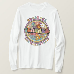 Groovy Retro Floral Daisy Grade One Teacher Name T-Shirt