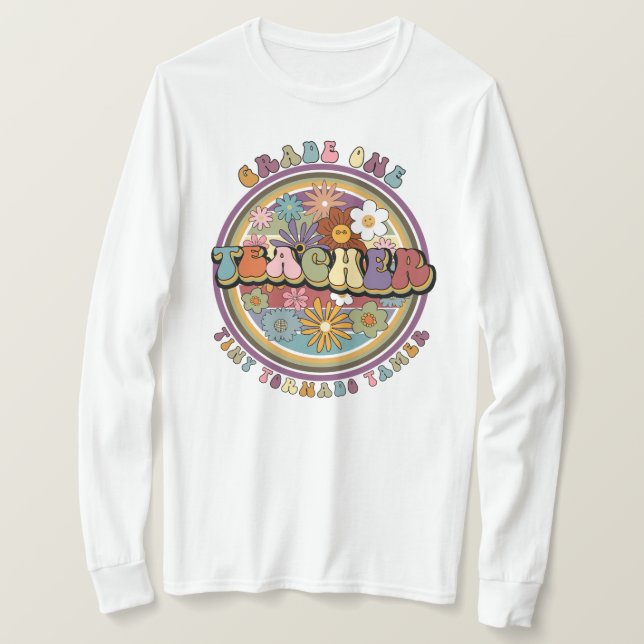 Groovy Retro Floral Daisy Grade One Teacher Name T-Shirt (Design Front)