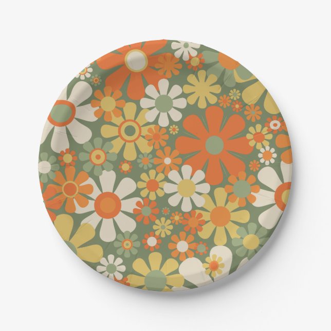 Groovy Retro Floral Pattern 60s 70s Aesthetic Paper Plates (Front)