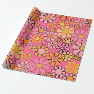 Groovy Retro Floral Pattern 60s 70s Pink Wrapping Paper