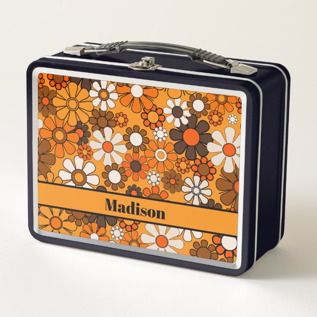 Groovy Retro Floral Pattern 70s Personalized Metal Lunch Box (Front)