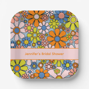 Groovy Retro Floral Personalized Bridal Shower Paper Plates