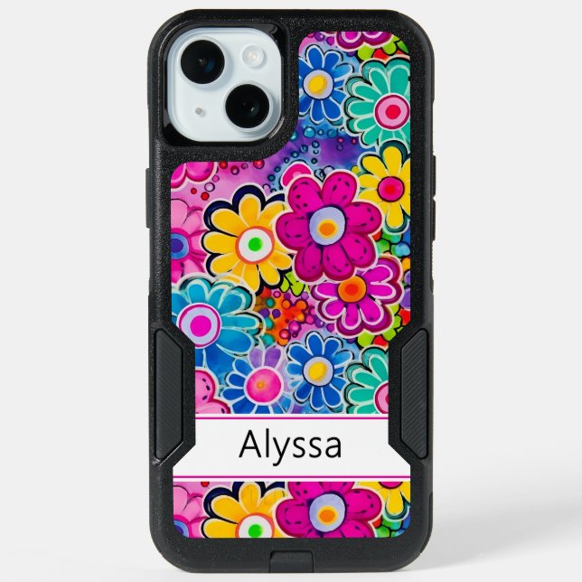 Groovy Retro Floral Personalized iPhone 15 Plus Case (Back)